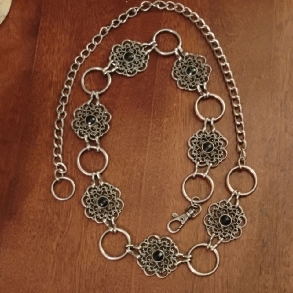 Y2K Silver Hoop Medallions Black Gem Belt
